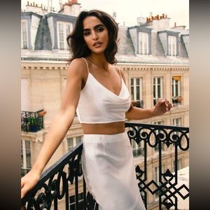 MESHKI Satin Cowl Crop Top White